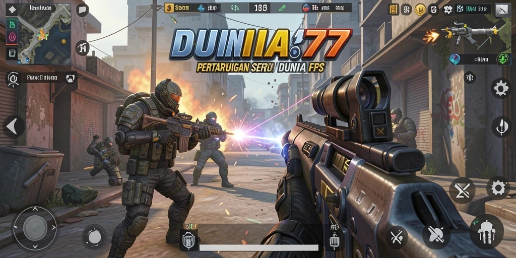 Tangkapan layar gameplay <strong>DUNIA77</strong> memperlihatkan aksi tembak-menembak yang mendebarkan.