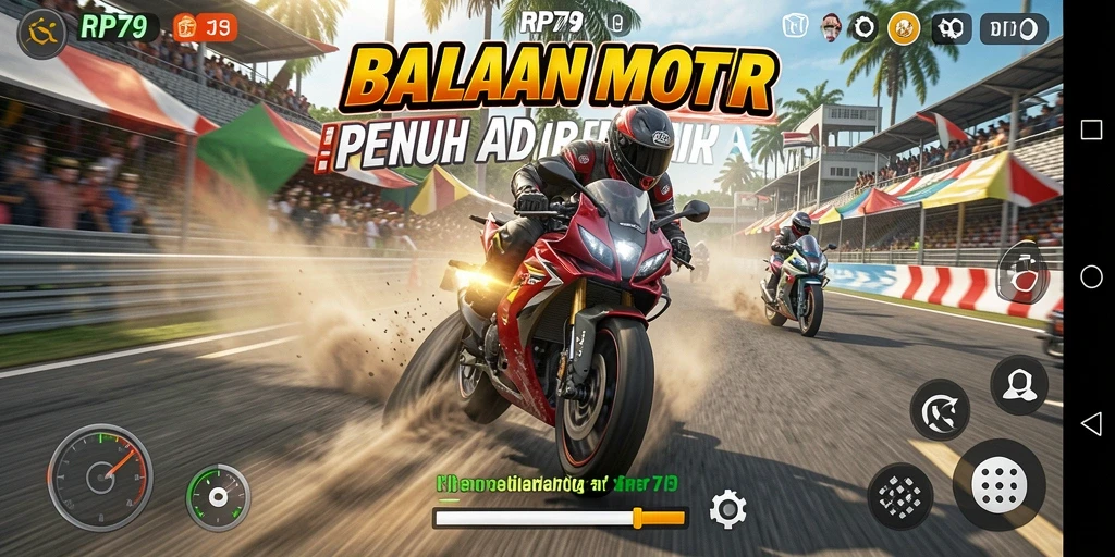 Tangkapan layar permainan RP79 menampilkan aksi balapan motor yang mendebarkan.