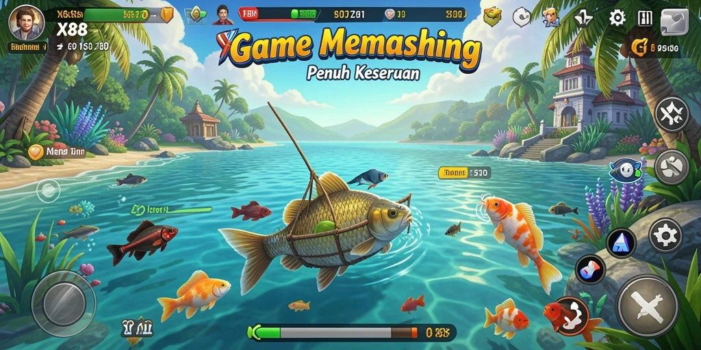 Tampilan gameplay X88 yang seru dengan pemandangan memancing yang indah.