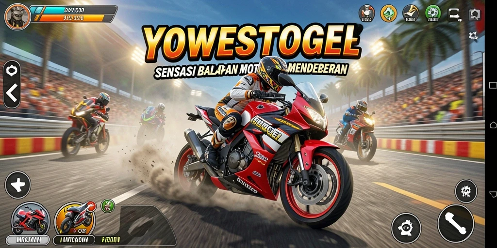 Screenshot utama YOWESTOGEL menampilkan balapan motor yang seru dan mendebarkan.